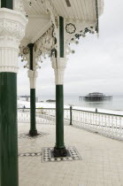 England, East Sussex, Brighton, West Pier ruin photographed from the Bedford square bandstand, known locally as the Birdcage.