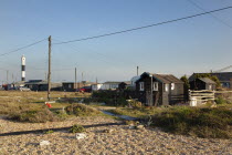 England, Kent, Romney Marsh, Dungeness, Beach houses used as homes and art galleries.