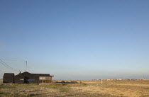 England, Kent, Romney Marsh, Dungeness, Old fishermans cottage covered in black rubberised weatherproofing.