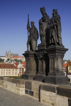 Czech Republic, Bohemia, Prague, Charles Bridge, Statue of Saints Norbert of Xanten, Wenceslas and Sigismund.