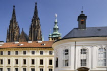 Czech Republic, Bohemia, Prague, Castle, St Vitus towers over castle buildings.