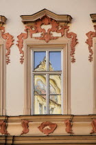 Czech Republic, Bohemia, Prague, Old Town Square, Window reflection.