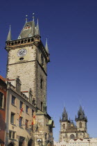 Czech Republic, Bohemia, Prague, Old Town Square, Old Town Hall with Tyn Church.