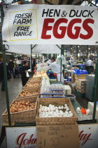 Ireland, North, Belfast, St Georges Market, stall selling Hen, Duck and Goose Eggs.