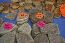 Ireland, North, Belfast, St Georges Market, local fresh bread varieties on sale.