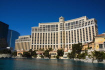 USA, Nevada, Las Vegas, The Bellagio Hotel Casino across the fountain lake.    