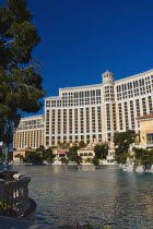 USA, Nevada, Las Vegas, The Bellagio Hotel Casino across the fountain lake. 