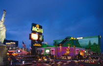 USA, Nevada, Las Vegas, City view of the MGM Grand Casino Hotel at night.   