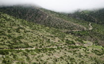 Nepal, Upper Mustang, Lo Manthang, Mountainous landscape and roads to the capital.