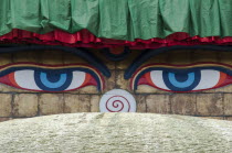 Nepal, Kathmandu, All-seeing Buddha eyes of Boudhanath Stupa, Chorten.