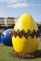 Austria, Vienna, Giant painted Easter eggs at entrance of the Easter Market at the Schonbrunn Palace.