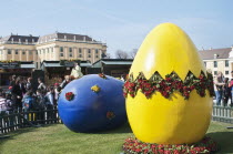 Austria, Vienna, Giant painted Easter eggs at entrance of the Easter Market at the Schonbrunn Palace.