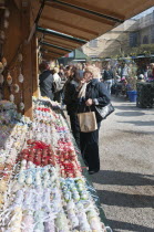 Austria, Vienna, Trays of hand-painted and hand decorated egg shells  celebrating Easter at the Easter Market at the Schonbrunn Palace.