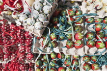 Austria, Vienna, Trays of hand-painted and hand decorated egg shells to celebrate Easter at the Old Vienna Easter Market at the Freyung.