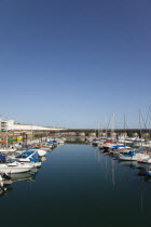 England, East Sussex, Brighton, view over boats moored in the Marina.