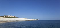 England, East Sussex, Brighton, white cliff coastline with Roedean private school for girls.