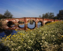 England, Worcestershire, bridges, old sandstone road bridge across the river avon near village of Eckington with mass of cow parsley and other wild flowers on river bank in the foreground.