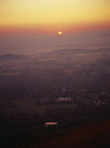 England, Worcestershire, Great Malvern, sunrise from Worcester Beacon.