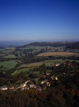 England, Gloucestershire, South Cotswolds, view west from Tyndale monument over the village of North Nibley and surrounding landscape.