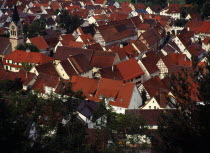 Germany, Baden-Wurttemberg, Fridingen ander Donau, red tile rooftops and white painted houses of village near Tuttlingen.
