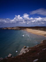 France, Bretagne, Crozon Peninsula, south west facing beach and Pointe du Toulinguet