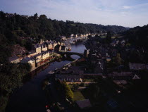 France, Bretagne, Cotes d'Armor, medieval market town of Dinan beside the river rance. view from main road viaduct.