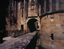 France, Bretagne, Ille-et-Vilaine, Fougeres. defensive walls and towers of the chateau gateway.