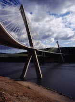 France, Bretagne, Finistere, part view from north bank of the pont de terenez suspension bridge over the river aulne completed in 2011.