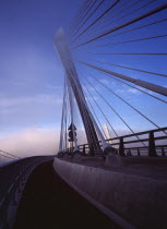 France, Bretagne, Finistere, Ile de Crozon. the new pont de terenez suspension bridge over the river aulne to crozon from the east side footway in early morning.