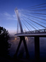 France, Bretagne, Finistere, Ile de Crozon. the new pont de terenez suspension bridge. view of east side with old bridge part seen beyond from north bank of the river aulne.