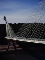 France, Bretagne, Finistere, Ile de Crozon. the new pont de terenez suspension bridge opened april 2011. from hillside above the river aulne showing suspension supports. view south.