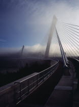 France, Bretagne, Finistere, Ile de Crozon. the new pont de terenez suspension bridge opened april 2011. west side footway showing the two main supports looking north.