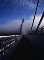 France, Bretagne, Finistere, Ile de Crozon. the new pont de terenez suspension bridge opened april 2011. west side footway looking north in early morning fog.