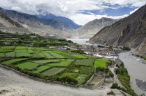 Nepal, Upper Mustang, wide angle view of farmland field pattern near Kagbeni village.