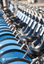 England, London, Barclays Cycle Hire. Bike rental station near Waterloo railway station. The scheme is also informally known as 'the Boris Bike scheme' after Boris Johnson, who was Mayor at the time t...