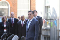 England, London, US Republican Presidential hopeful Mitt Romney addresses journalists outside 10 Downing Street after visiting Primeminister David Cameron.