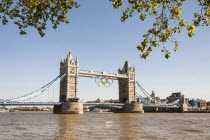 England, London, Tower Bridge with the Olympic rings celebrating the 2012 games.