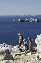 France, Brittany, Gulf of Brest, Climbers preparing to scale Pointe de Penhir.