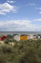 England, Suffolk, Southwold, Beach Huts on the edge of the dunes.