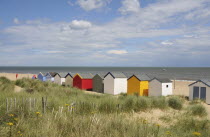 England, Suffolk, Southwold, Beach Huts on the edge of the dunes.