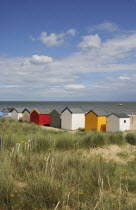 England, Suffolk, Southwold, Beach Huts on the edge of the dunes.