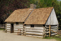 Ireland, County Tyrone, Omagh, Ulster American Folk Park, typical Pennsylvania log cabin.