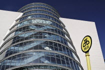 Ireland, County Dublin, Dublin City, the Convention Centre building, view of the facade with bus stop in foreground.