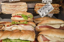 Italy, Lazio, Rome, Display of panini and pizza for sale