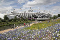 England, London, Stratford, View of the 2012 Olympic Stadium with meadow planting in the foreground.