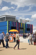 England, London, Stratford Olympic Park, View of the BBC Studio complex made from shipping containers.