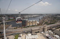 England, London, View from Emirates Airline cable car with the ExCel Arena visible.