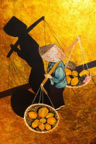 Vietnam, Painting of Vietnamese woman carrying goods in baskets on pole across her shoulders.