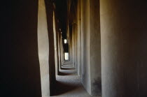 Mali, Djenne, Mosque interior showing narrow colonnaded passageway.