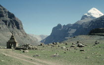 China, Tibet, Landscape with Chorten and the peak of Mount Kailas.